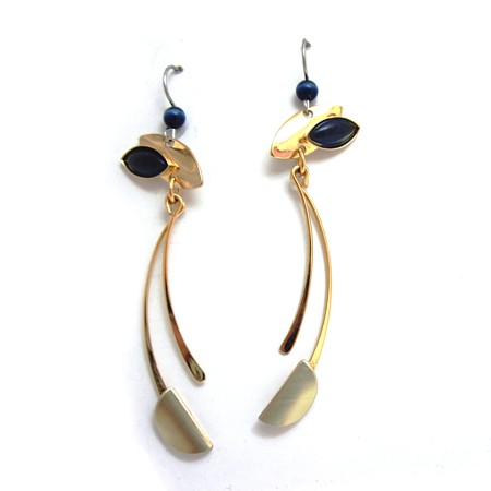 Long Navy Catsite Gold-plated Dangle earrings - Click Image to Close